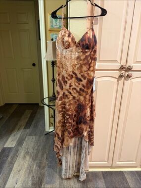 Leopard-Print Tan Hi-Low Slip Dress with Spaghetti Straps